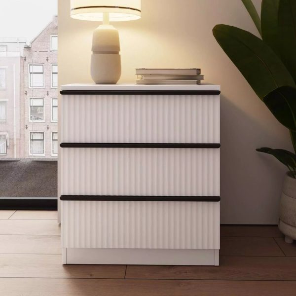 Ripple Effect White 3 Drawer Chest Of Drawers Scalloped Fronts Melamine coating