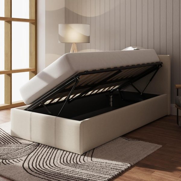 Side Lift up 3ft Ottoman bed Single Fabric storage bed Natural