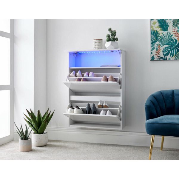 White Galicia 2 Tier Shoe Storage Unit with Utility Shelf and Blue LED - Image 3