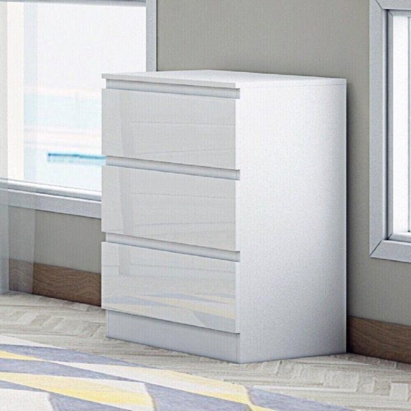 White High Gloss Chest Of 3 Drawers Bedroom Furniture Scratch Resistant