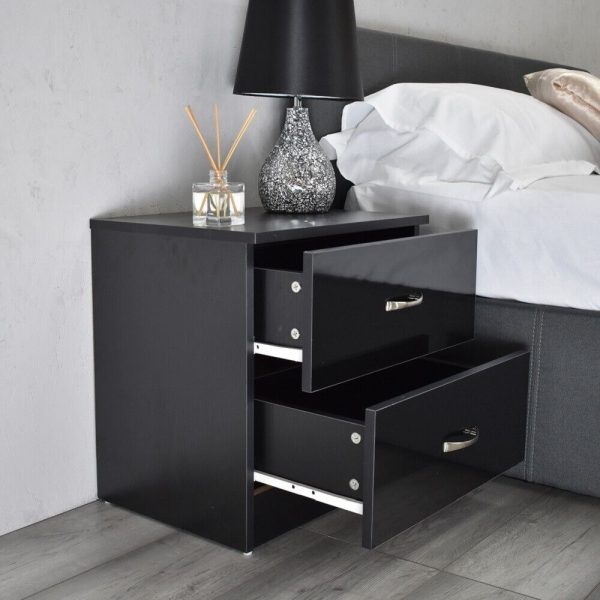 Black Chilton High Gloss 2 Drawer Bedside Chest Bedroom Scratch Resistant - Image 3