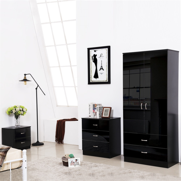 Black Chilton High Gloss 2 Drawer Bedside Chest Bedroom Scratch Resistant - Image 4