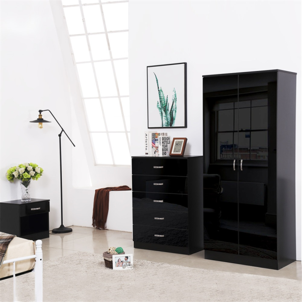 Black Gloss Chilton Modern Bedroom 2 Door Wardrobe with Storage Shelf - Image 3