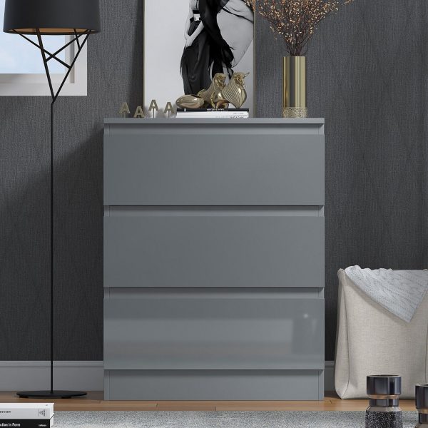 Grey High Gloss Chest Of 3 Drawers Bedroom Furniture Scratch Resistant - Image 3