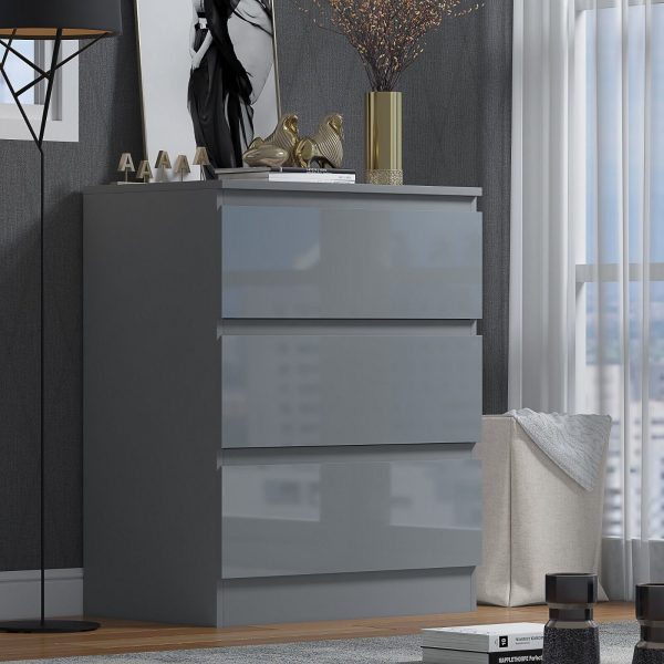 Grey High Gloss Chest Of 3 Drawers Bedroom Furniture Scratch Resistant