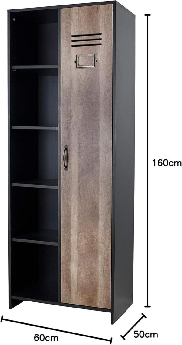 Industrial Design Black Brown 1 Door 5 Shelf Storage Wardrobe Locker style - Image 7