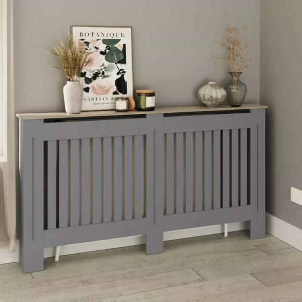 Large Grey Radiator Cover MDF Slatted Wood Design Top Shelf Storage Display