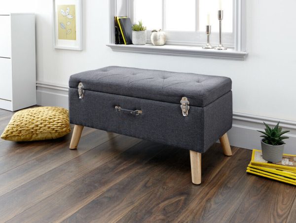 MINSTREL UPHOLSTERED OTTOMAN BOX STORAGE BENCH BLANKET STOOL CHARCOAL GREY - Image 12