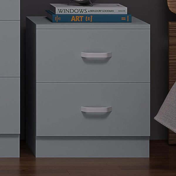 Tunis Matt Grey 2 Drawer Bedside Cabinet Metal T-Bar Handles Bedroom Furniture - Image 3