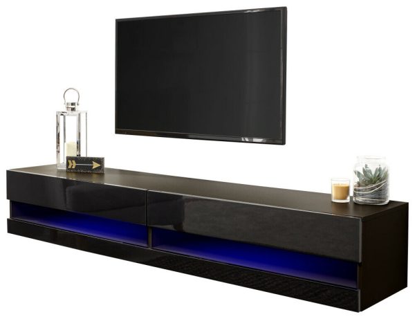 150cm Galicia LED Cool Light up High Gloss Wall Mounted TV Unit Storage Black - Image 3