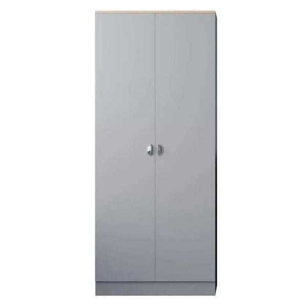 2 Door Wardrobe Grey with Oak top finish Metal Cup Handles Bedroom - Image 3