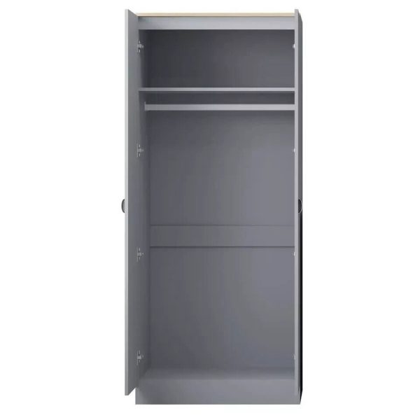 2 Door Wardrobe Grey with Oak top finish Metal Cup Handles Bedroom - Image 4