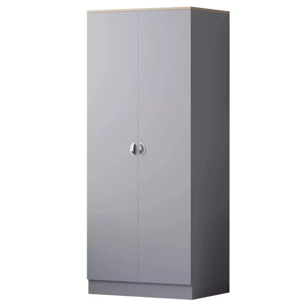 2 Door Wardrobe Grey with Oak top finish Metal Cup Handles Bedroom