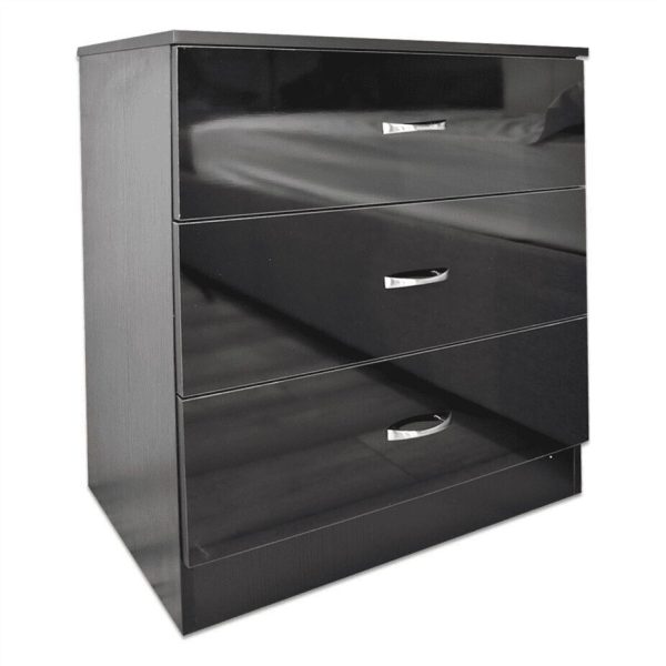 Black 3 Drawer Chest Gloss Fronts Metal Handles Scratch Resistant