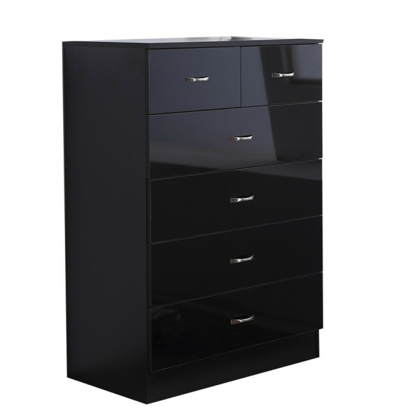 Black 6 Drawer Chest Wide Tall Gloss Fronts Metal handles Scratch Resistant