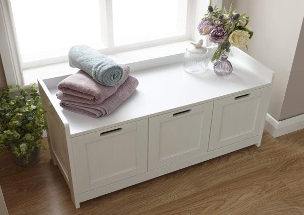 Colonial 3 Door White Storage Bench With Hidden Storage Cupboards For Bathroom.