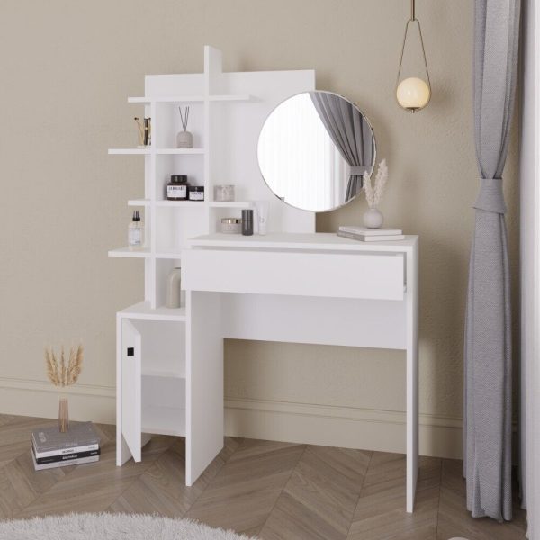 Freyja Dressing Table Set White Large Round Trendy Mirror H152 x W113 x D35cm - Image 3