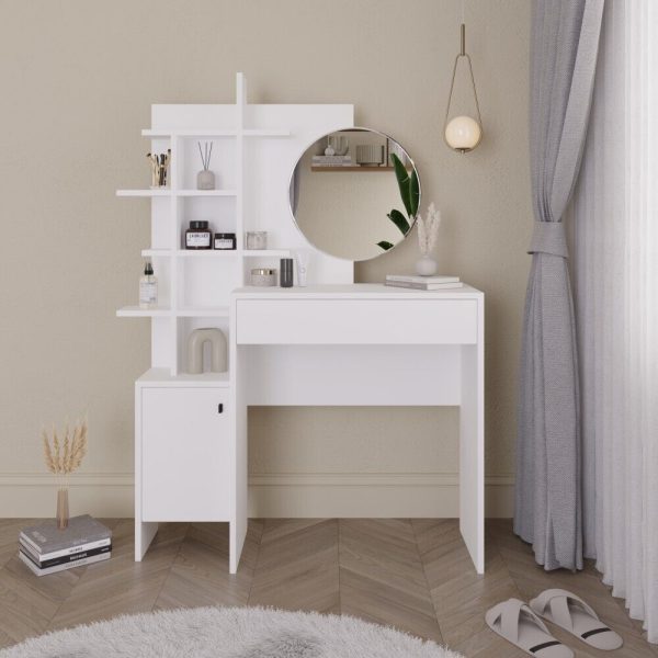 Freyja Dressing Table Set White Large Round Trendy Mirror H152 x W113 x D35cm - Image 7