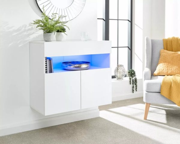 Galicia White Gloss Wall Mounted Hung Sideboard with LED Storage shelves