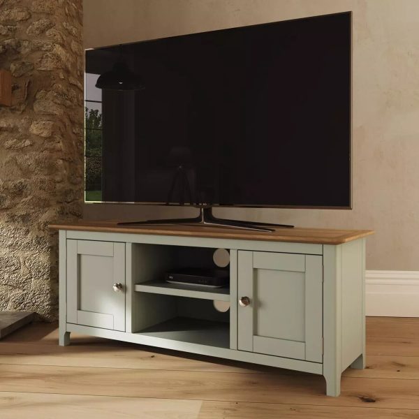 Large 2 Door TV Unit Assembled Sage Green Solid Oak Living Room ASSEMBLED - Image 3