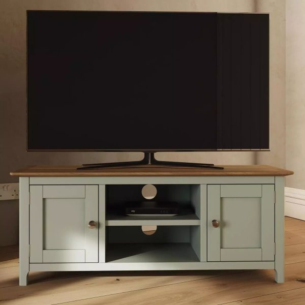 Large 2 Door TV Unit Assembled Sage Green Solid Oak Living Room ASSEMBLED