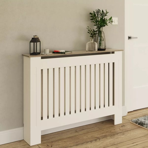 Longslow Medium White Radiator Cover Slatted Front Wood Design Top Shelf Storage