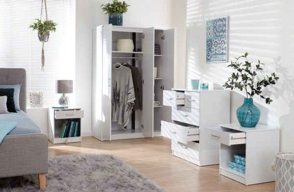 Panama 4 Piece 3 Door Wardrobe Set 2x bed side 3+2 drawer chest of drawers White - Image 3