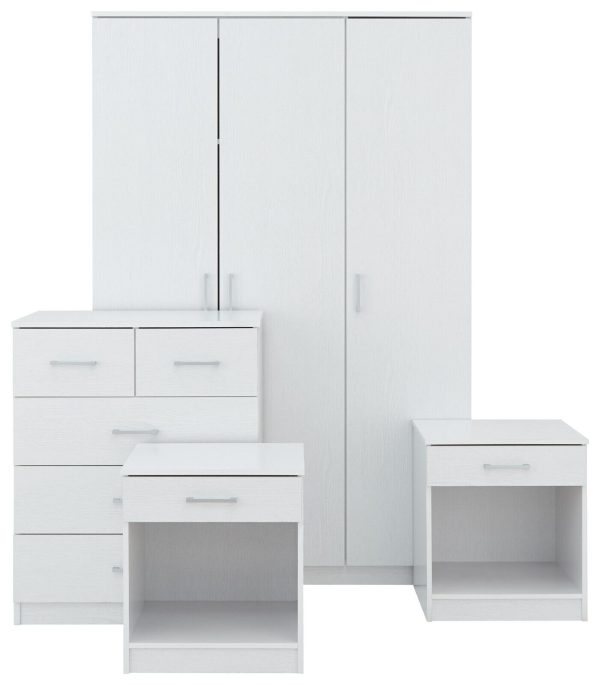 Panama 4 Piece 3 Door Wardrobe Set 2x bed side 3+2 drawer chest of drawers White - Image 4