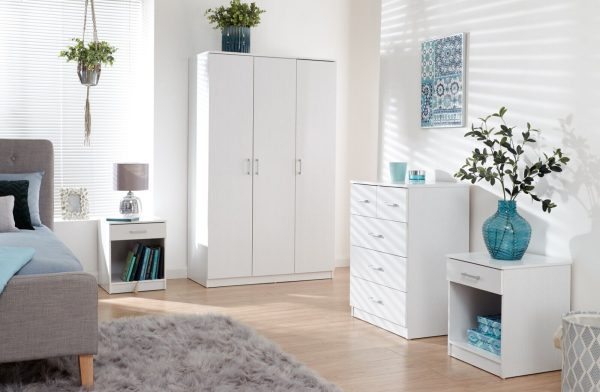 Panama 4 Piece 3 Door Wardrobe Set 2x bed side 3+2 drawer chest of drawers White