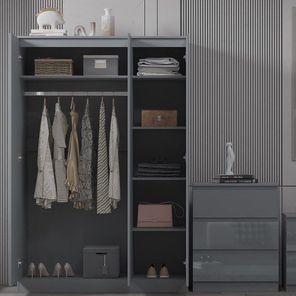 Stora 120cm Modern Bedroom 3 Door Wardrobe with Storage Shelves Grey Gloss - Image 3