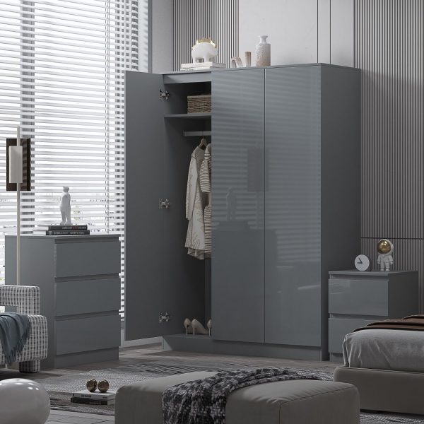 Stora 120cm Modern Bedroom 3 Door Wardrobe with Storage Shelves Grey Gloss