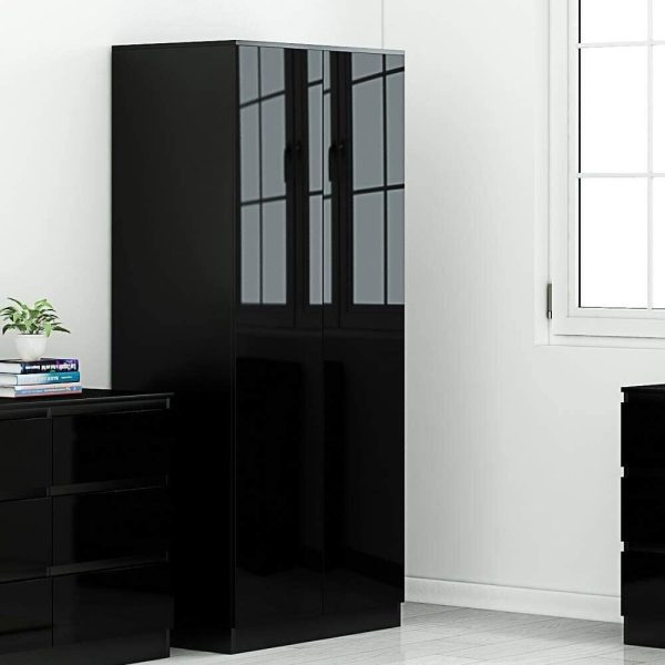 Stora 80cm Modern Bedroom 2 Door Wardrobe with Storage Shelves Black Gloss - Image 5