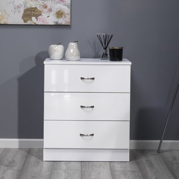 White 3 Drawer Chest Gloss Fronts Metal Handles Scratch Resistant - Image 3