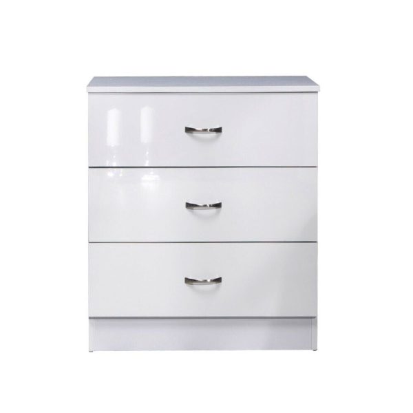 White 3 Drawer Chest Gloss Fronts Metal Handles Scratch Resistant