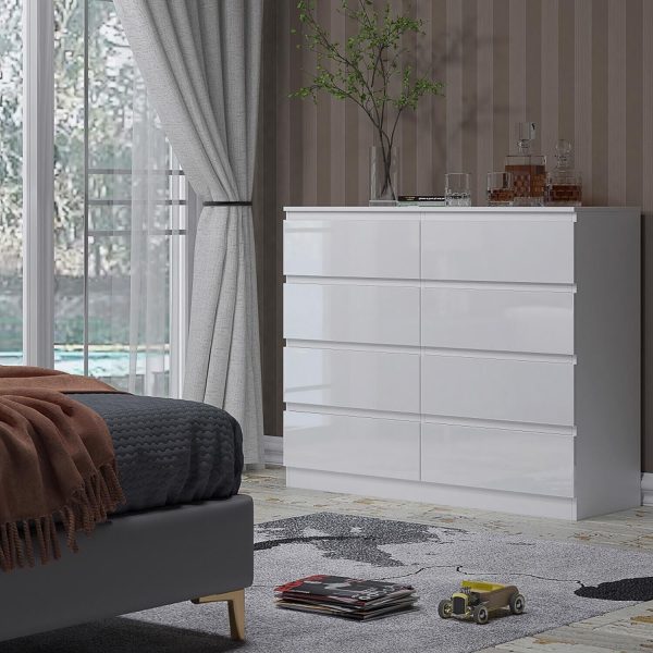 White Gloss Chest Of 8 Drawers Bedroom Furniture Scratch Resistant Deep Drawers