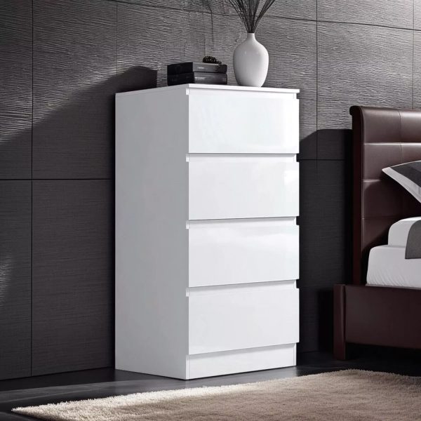 White High Gloss Chest Of 4 Drawers Bedside Scratch Resistant Tall Slim